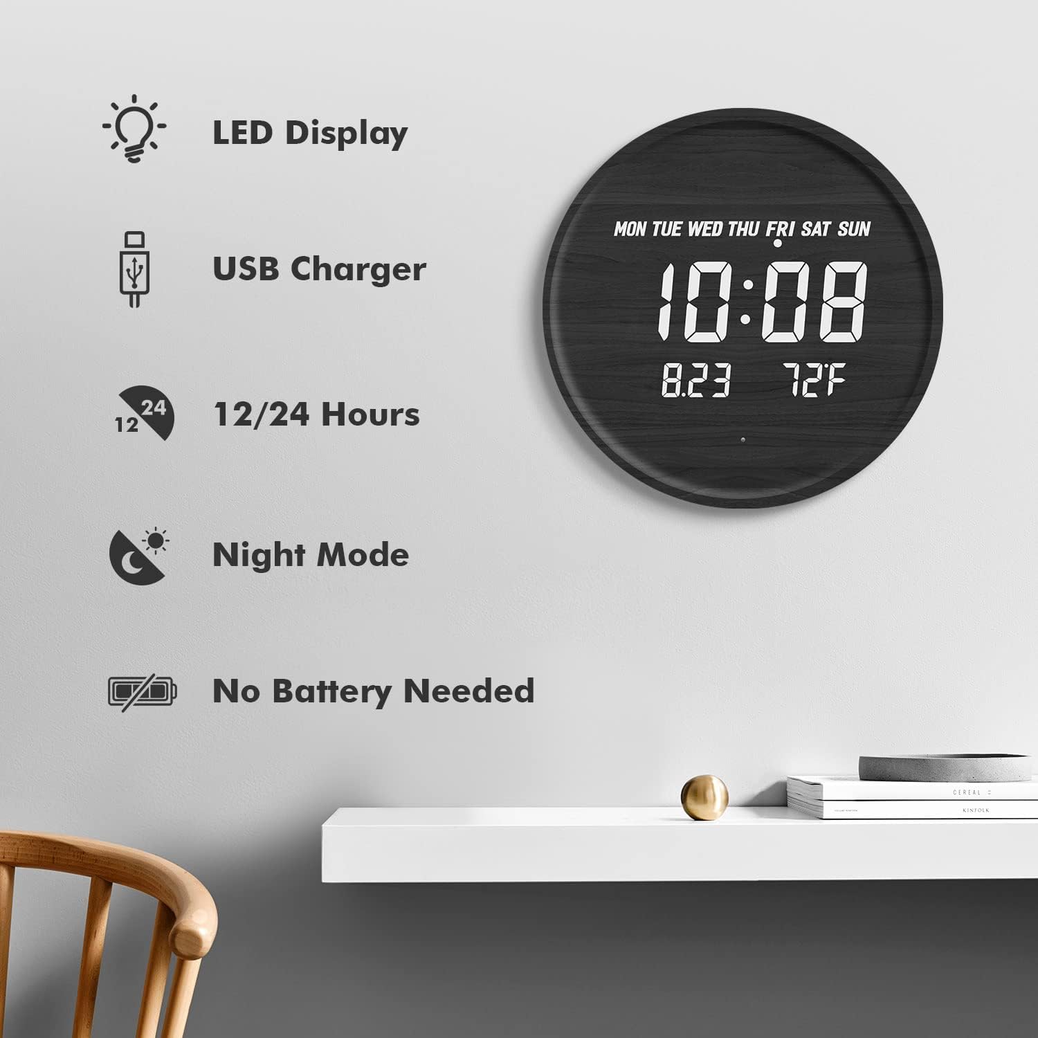 Scandinavische Digitale Wandklok Met LED-display En USB-voeding