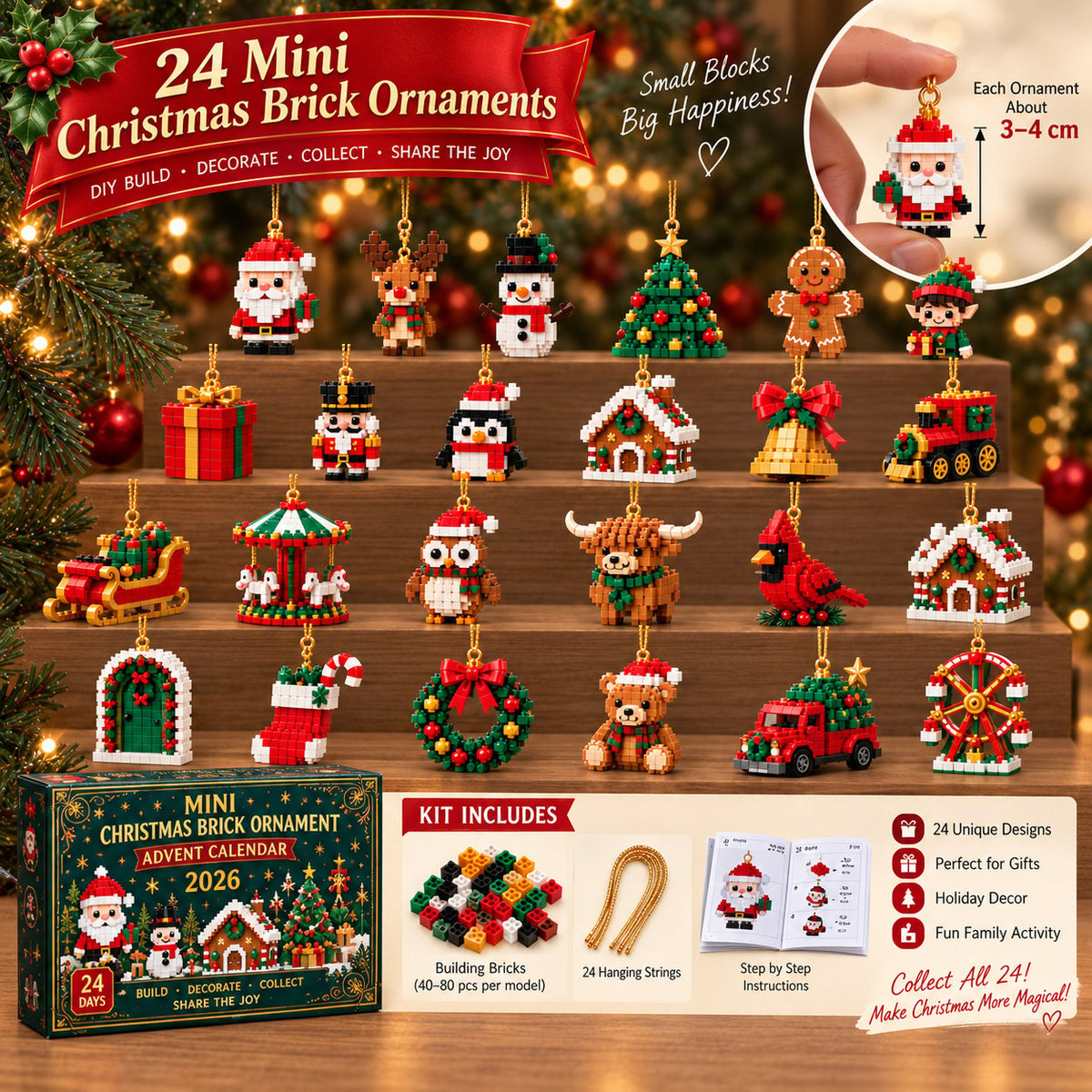 Mini tegelstenen adventskalender met 24 bouwsets voor kerst om te bouwen en op te hangen