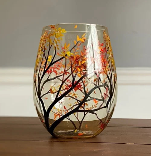 Handgeschilderde Wijnglazen met Vier Seizoenen Boom | Unieke Kunst
