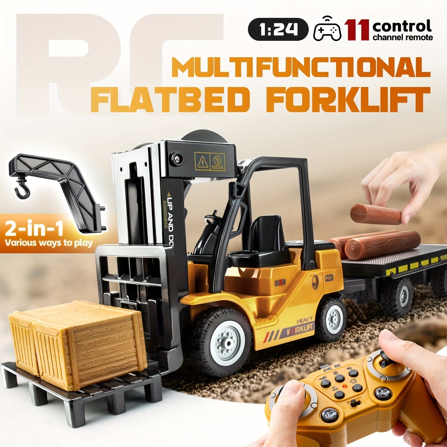 Zware Remote Control Heftruck – 1:24 Schaal met Lichten & Trailer