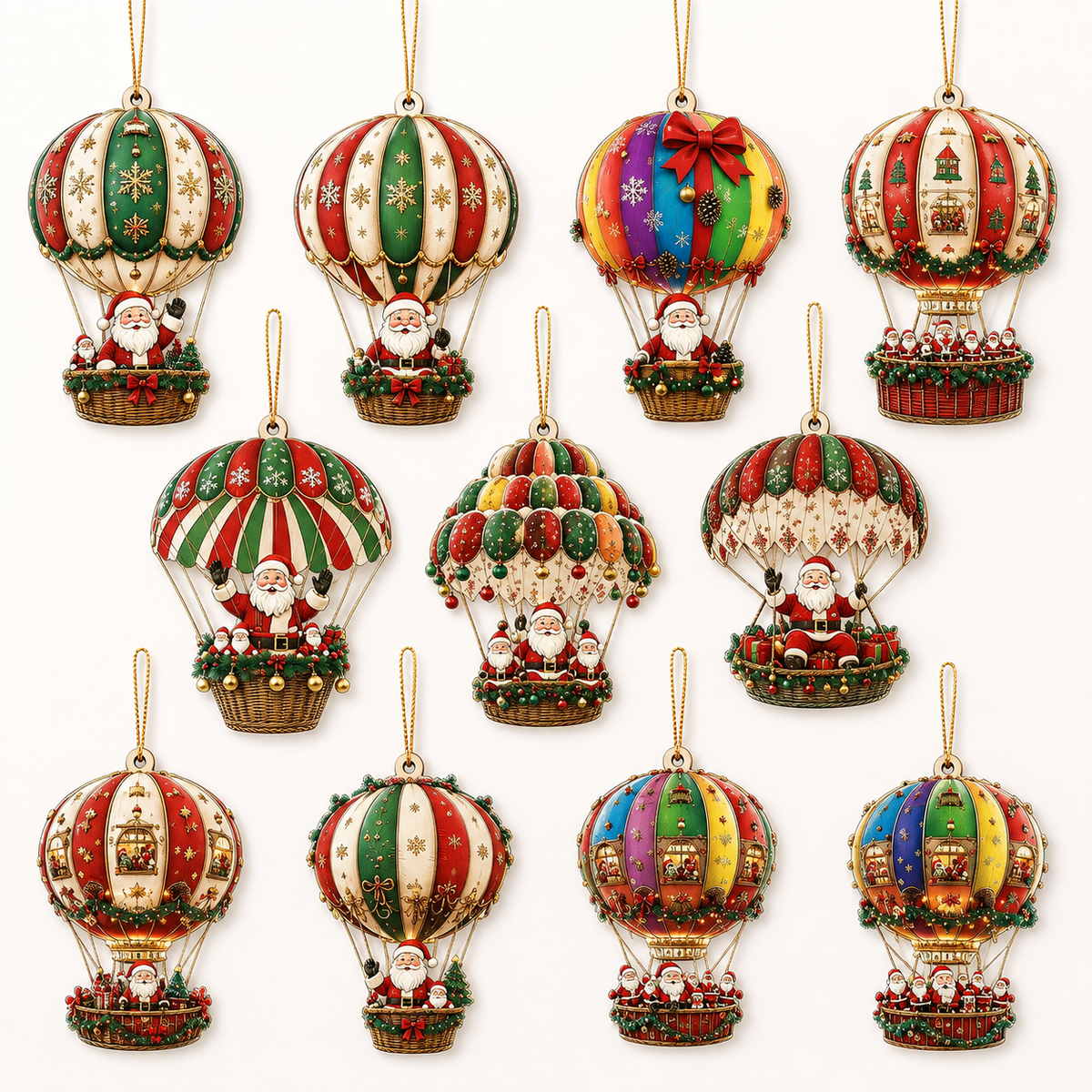 10-delige set NordicJoy houten kersthangertjes met kerstman in kleurrijke heteluchtballonnen voor kerstboomdecoratie