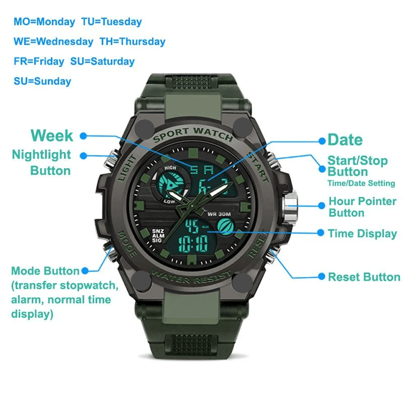 Sportieve Dual-Display Mode Multifunctionele waterdichte verlichte herenarmbandhorloge