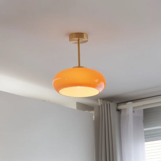 Glazen Plafondlamp met Ronde Kap en Metalen Stang