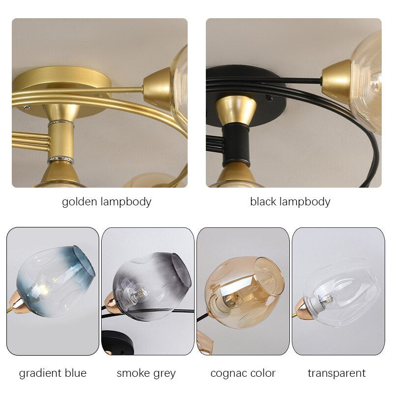 Valentina Flush Mount Plafondlamp, Glas, Zwart/Goud, Eetkamer