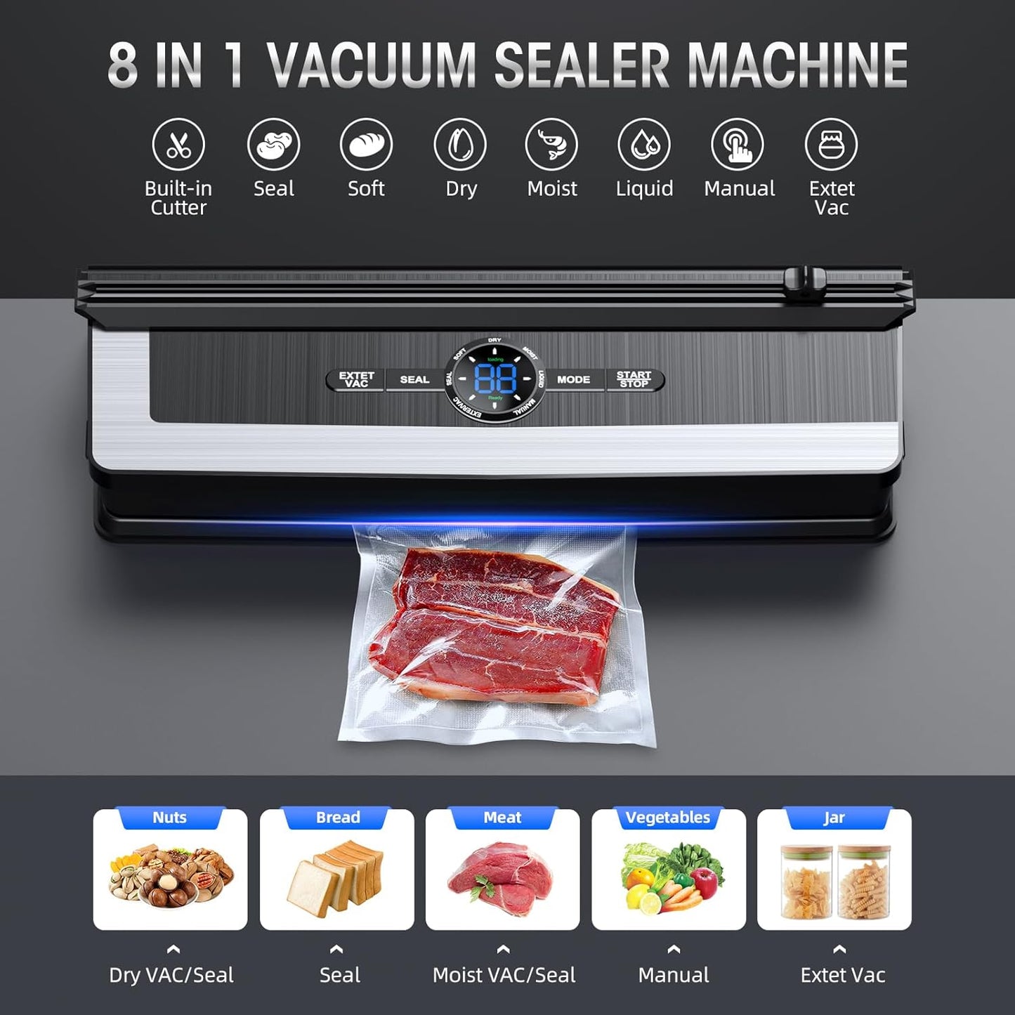 Professionele 8-in-1 Vacumeermachine | Ingebouwde precisiesnijder | Modi voor droge & vochtige voedingsmiddelen | Luchtdicht LED-verzegelingsysteem | Inclusief 15 vacuümzakken
