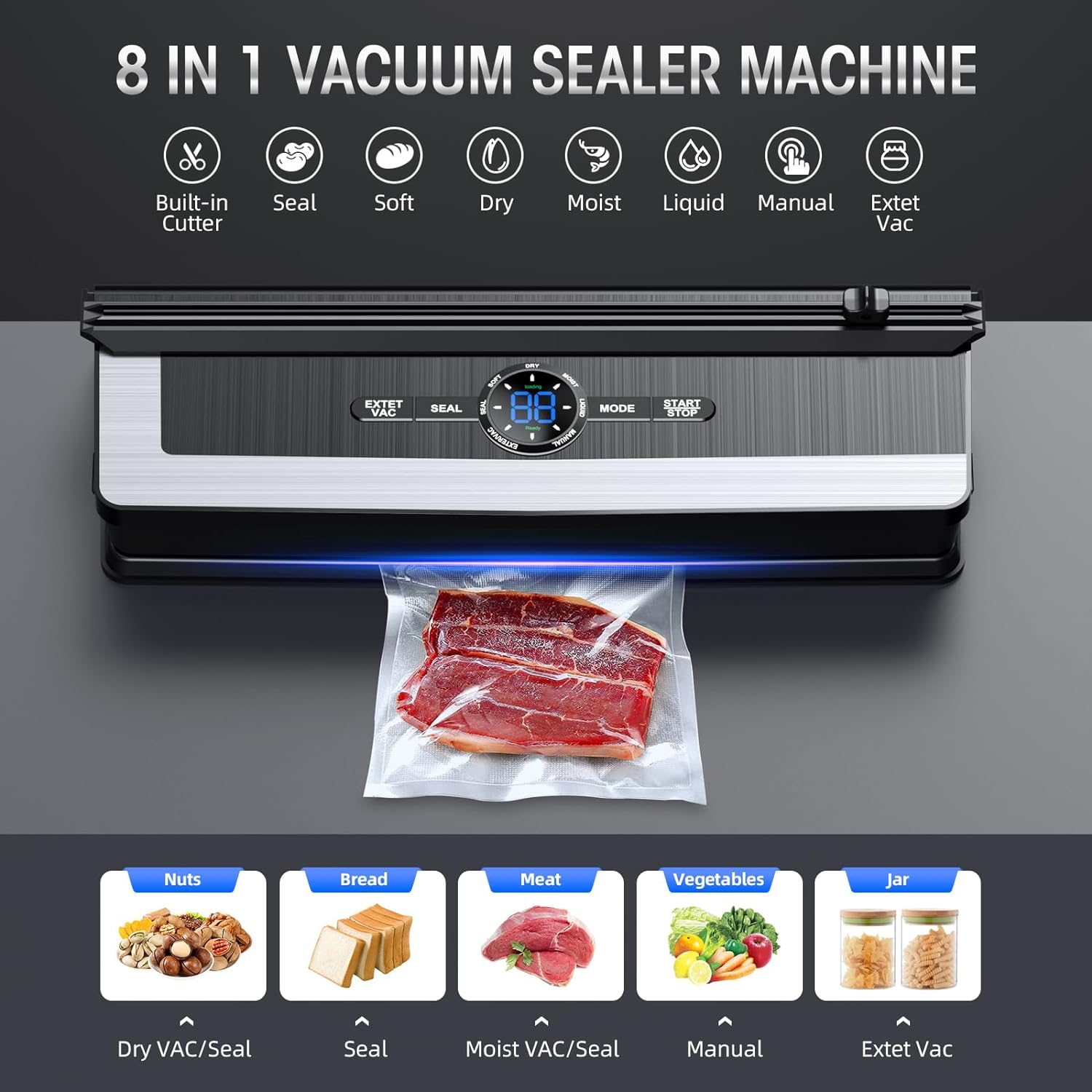 Professionele 8-in-1 Vacumeermachine | Ingebouwde precisiesnijder | Modi voor droge & vochtige voedingsmiddelen | Luchtdicht LED-verzegelingsysteem | Inclusief 15 vacuümzakken