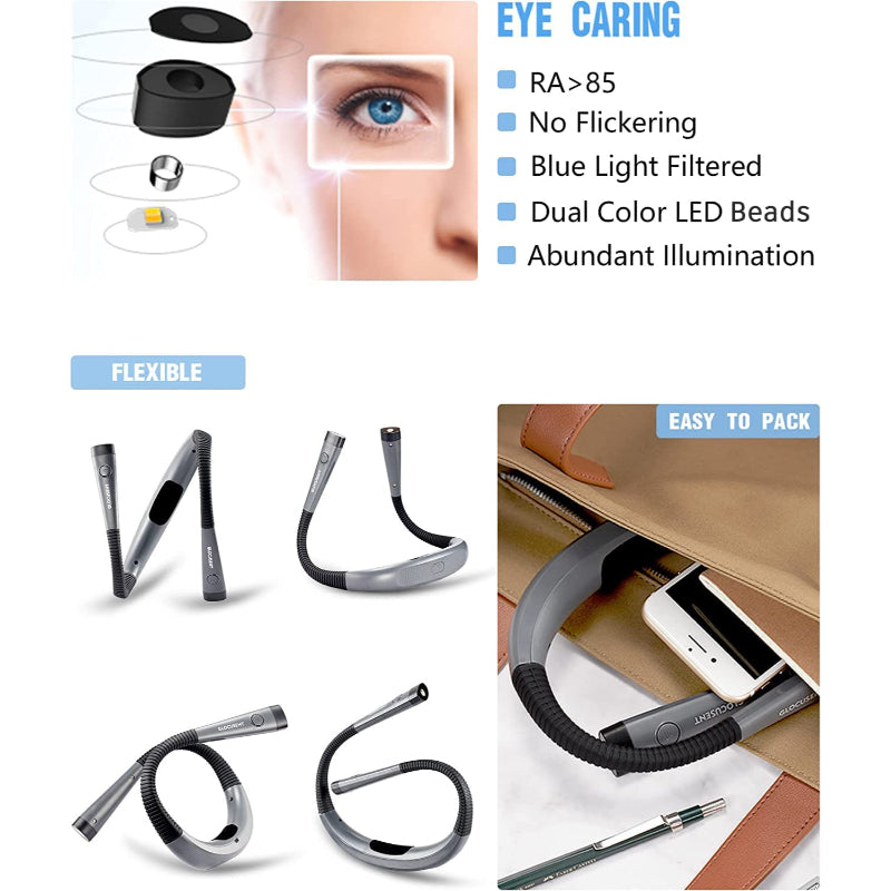 LED Nekleeslamp, Boeklicht om in bed te lezen, 3 kleuren, 6 helderheidsniveaus, buigbare arm, oplaadbaar, duurzaam, perfect voor lezen, breien, kamperen, repareren