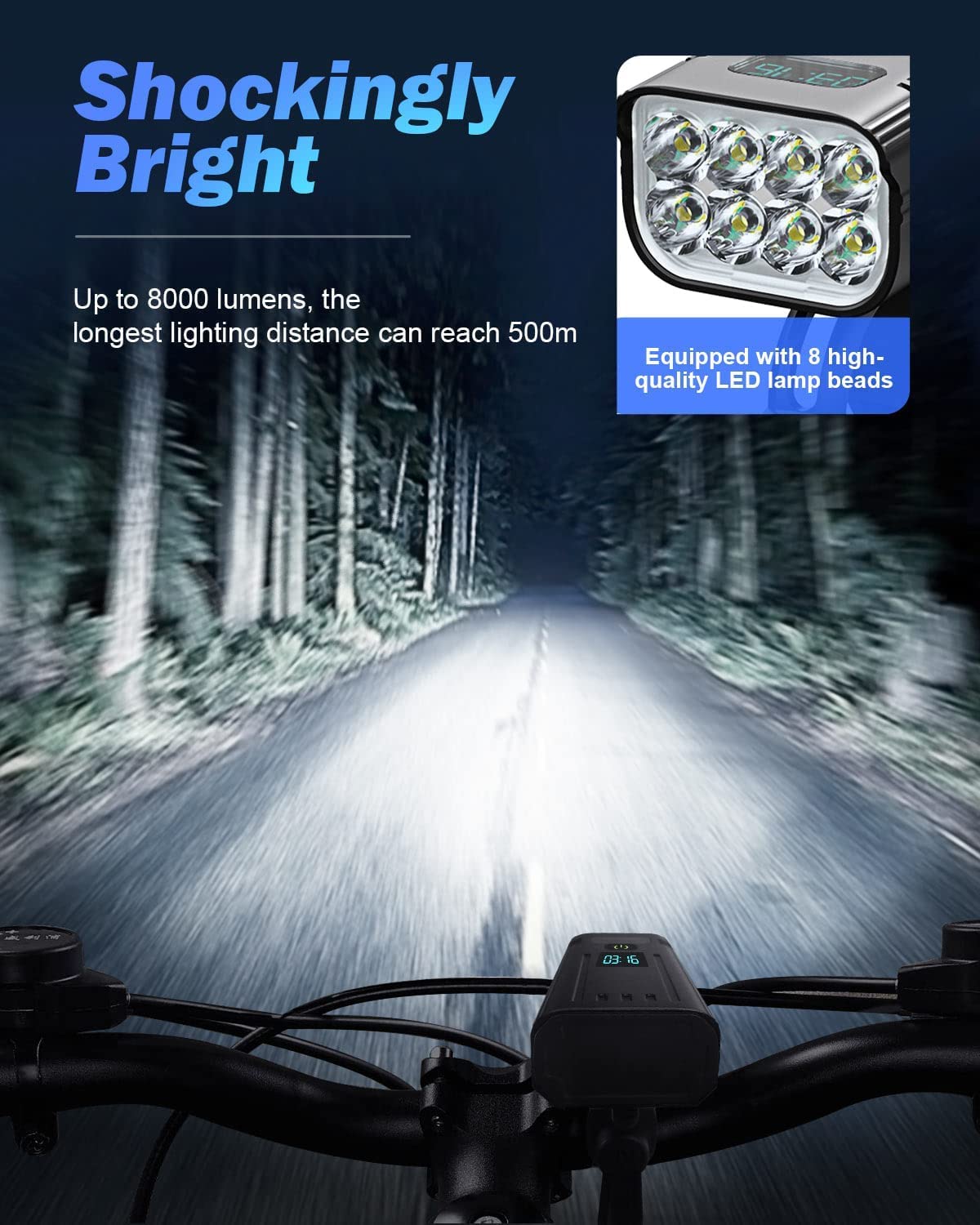 Skanto | Victoper 8000 Lumen Fietsverlichting Set, 8 Led USB Oplaadbare Voor- & Achterlicht, Mat Zwart