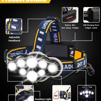 Ochter 18000 Lumen Oplaadbare Hoofdlamp, 8 Modussen, Waterdicht, USB, Rode & Witte Lichten
