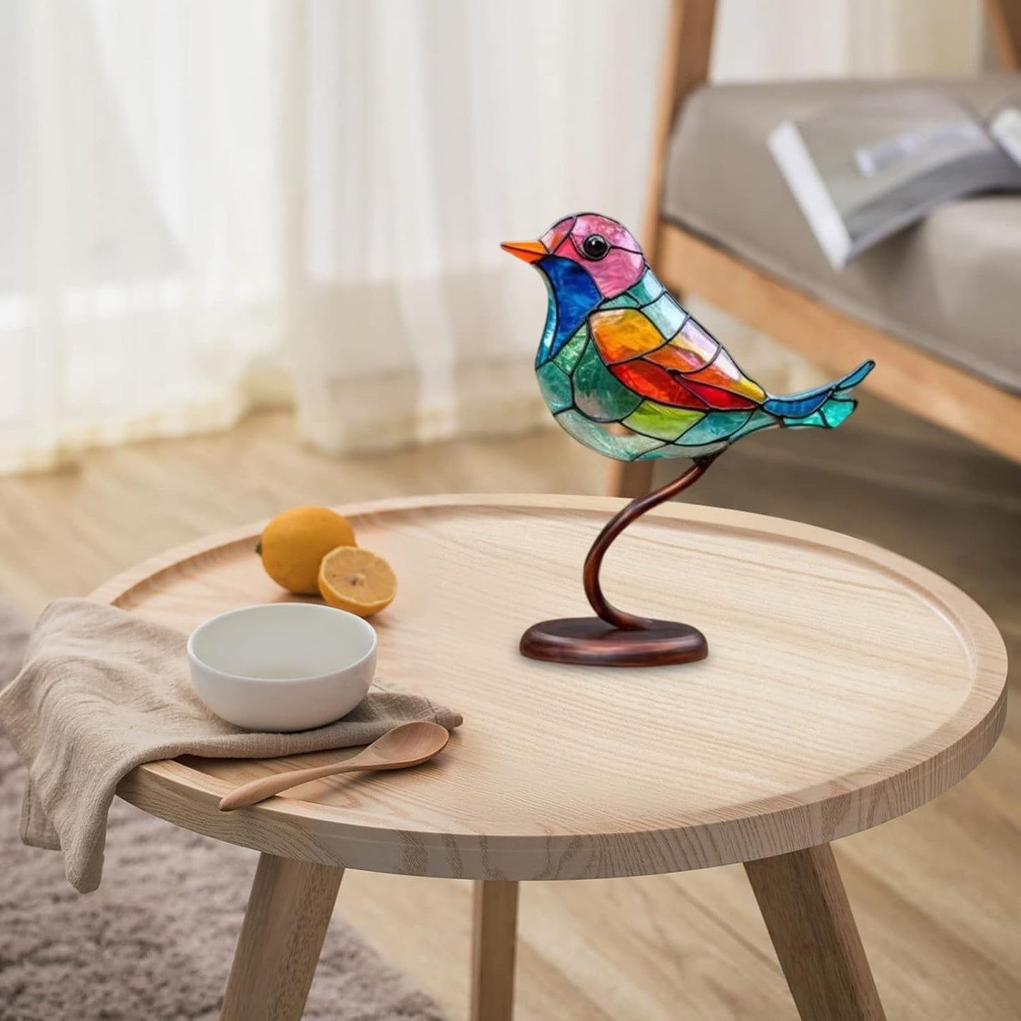 Moderne vogel tafel sculptuur met gekleurd glas en decoratief kunstontwerp