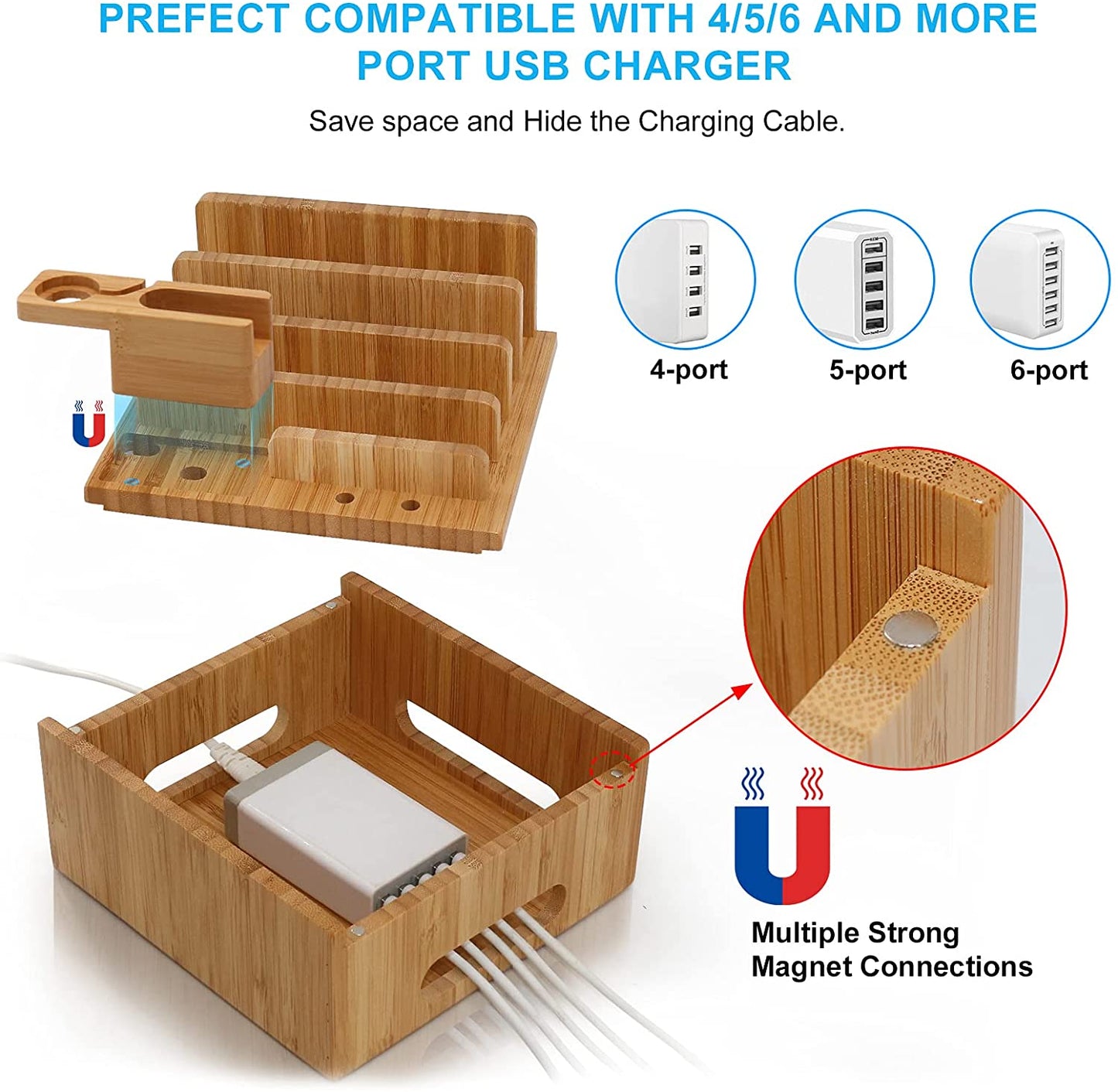 Tekavo ChargeDock Oplaadstation van Bamboe | 5-Poorts USB & Organizer | Voor Smartphone, Tablet & Smartwatch | Inclusief Kabelset