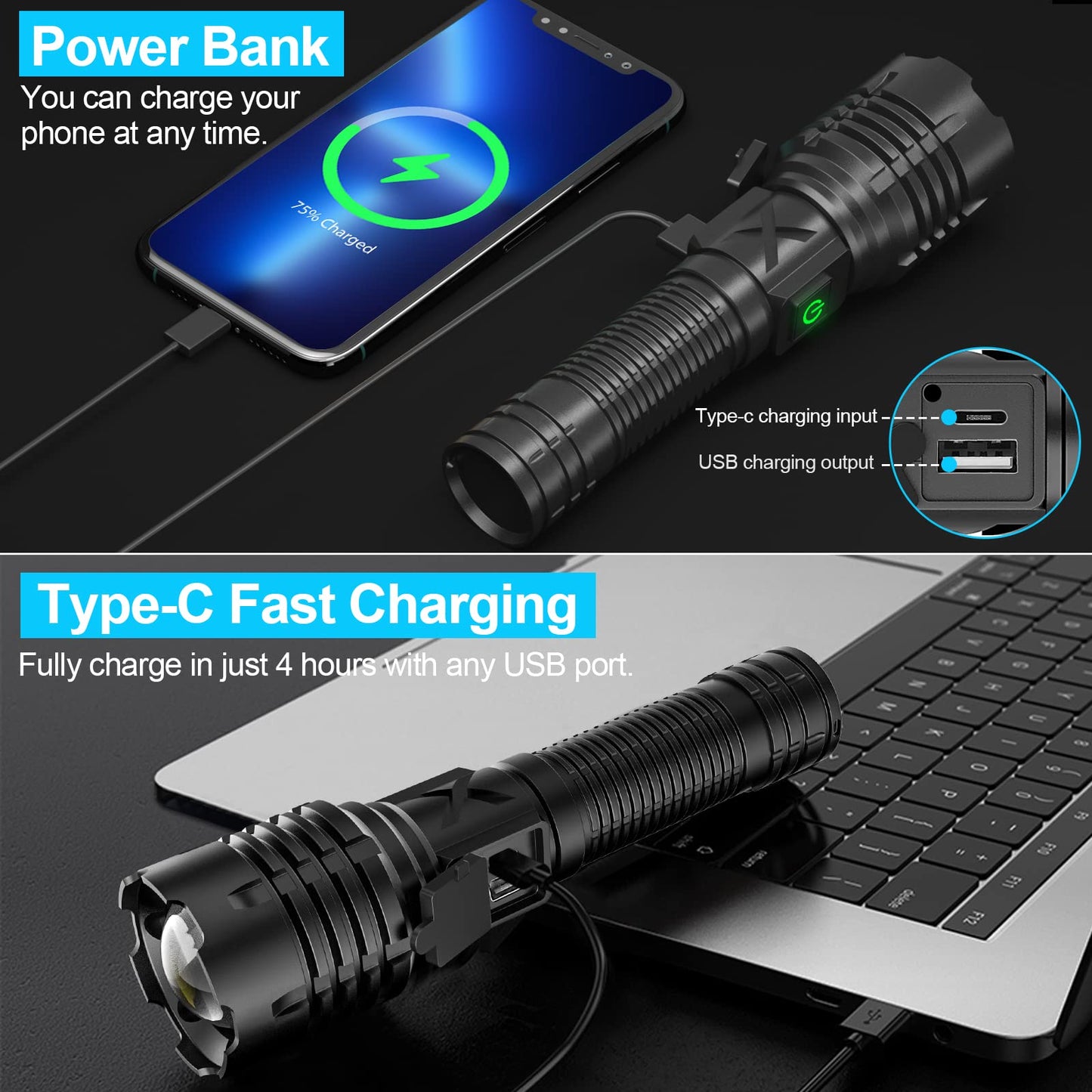 Skanto | Banral 100000 lumen oplaadbare zaklamp, IPX6 waterdicht, 5 modi, zoomfunctie, aluminium