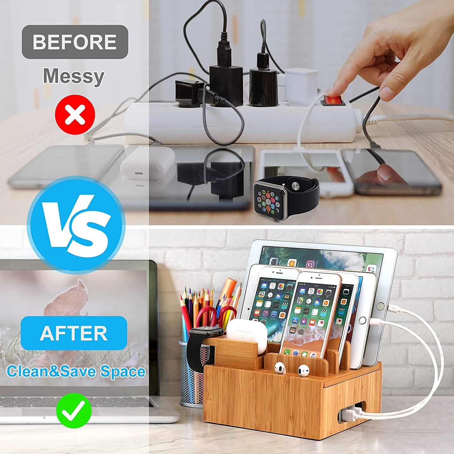 Tekavo ChargeDock Oplaadstation van Bamboe | 5-Poorts USB & Organizer | Voor Smartphone, Tablet & Smartwatch | Inclusief Kabelset