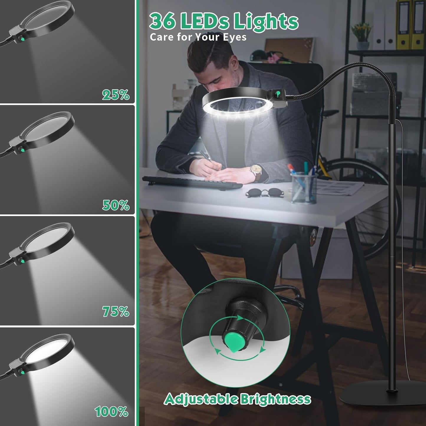 Volledige zijkanten vergrootglas met LED-licht – Handsfree leeshulp voor boeken, handwerk en hobby's