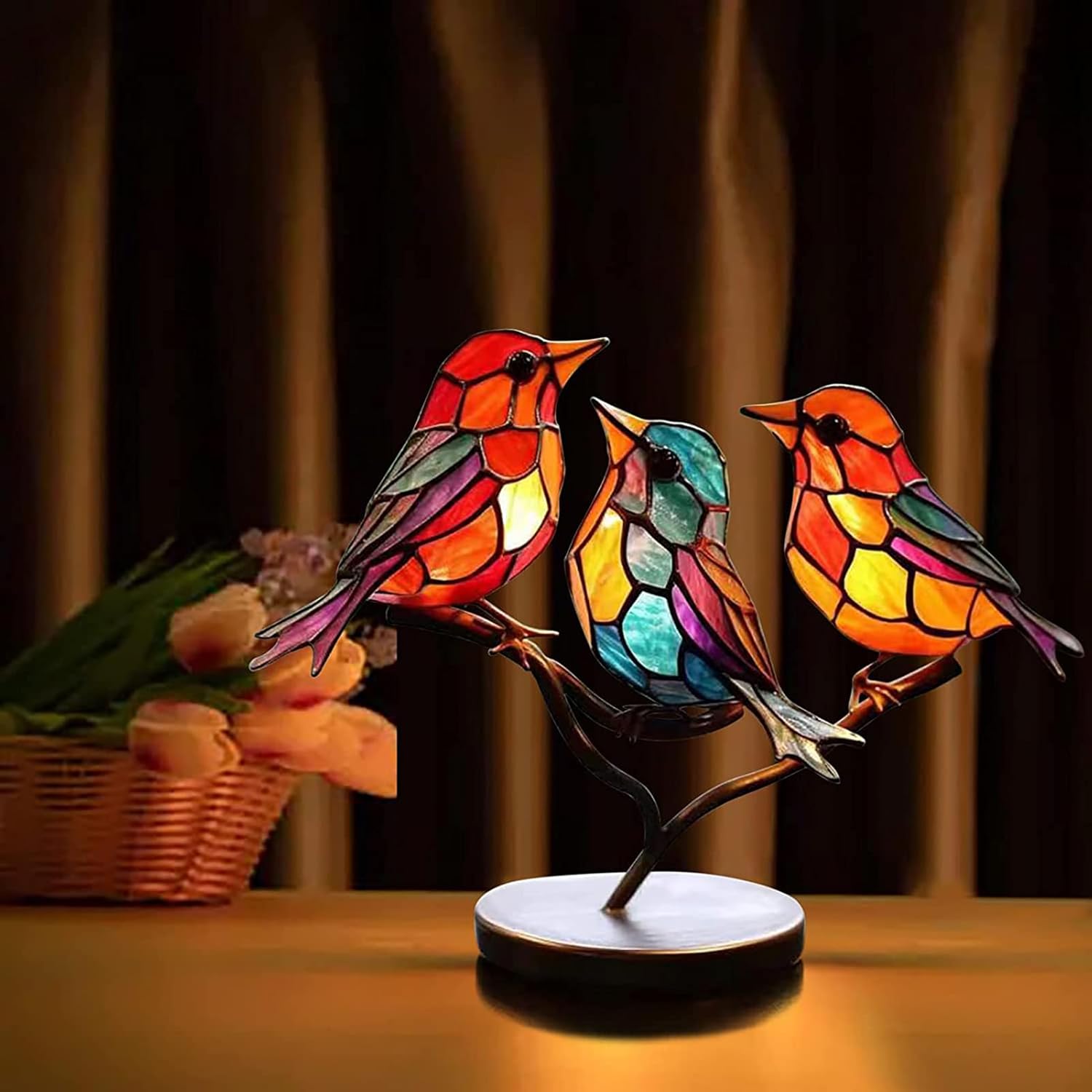 Moderne vogel tafel sculptuur met gekleurd glas en decoratief kunstontwerp
