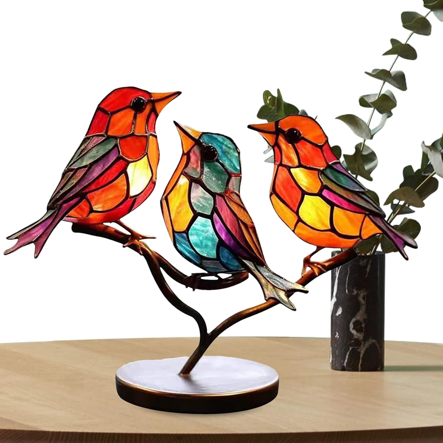 Moderne vogel tafel sculptuur met gekleurd glas en decoratief kunstontwerp