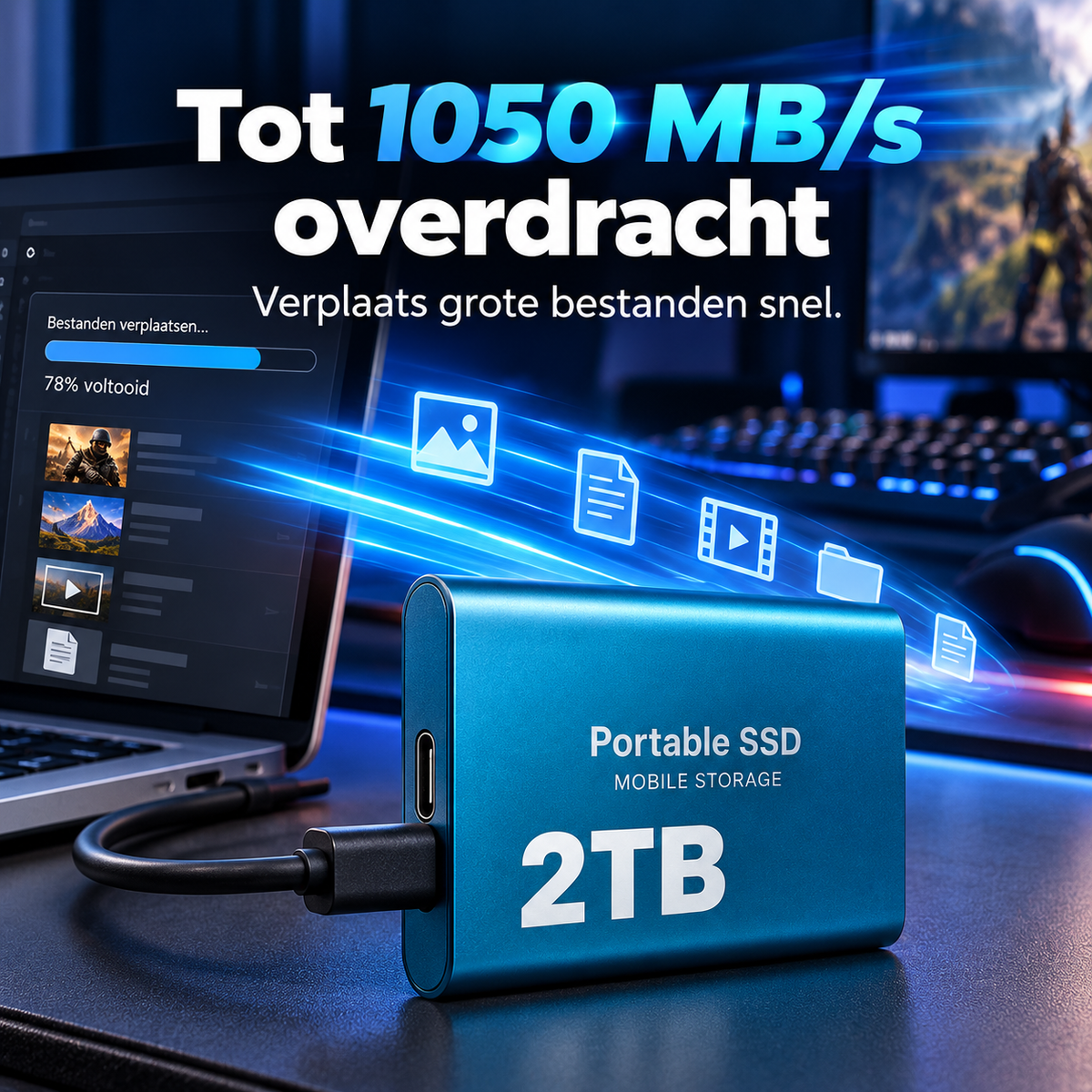 DataSprint Externe SSD 2TB voor PC Gamers – USB-C Opslag tot 1050 MB/s