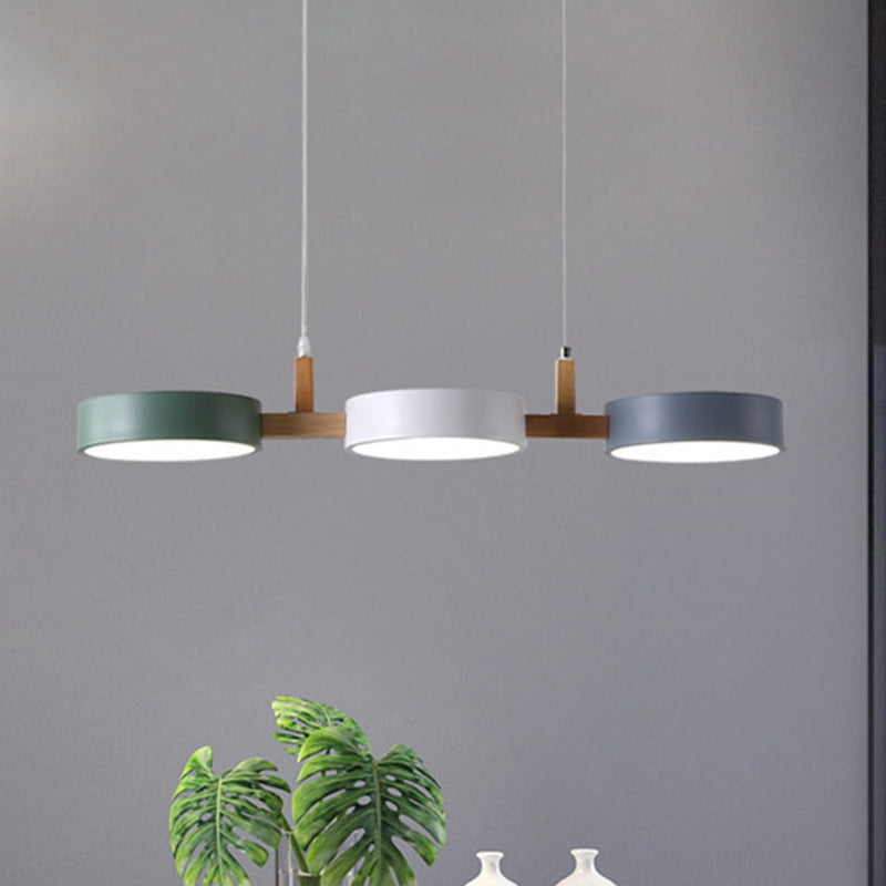 Metaal Cilinder Multi Licht Hanglamp Nordic 3 Hoofd Wit-Grijs-Groen Plafondlamp met Houten Arm