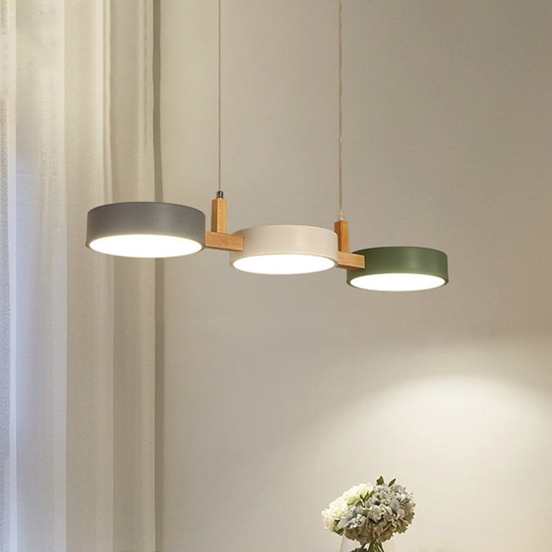 Metaal Cilinder Multi Licht Hanglamp Nordic 3 Hoofd Wit-Grijs-Groen Plafondlamp met Houten Arm