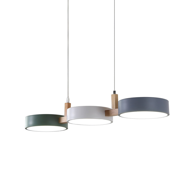 Metaal Cilinder Multi Licht Hanglamp Nordic 3 Hoofd Wit-Grijs-Groen Plafondlamp met Houten Arm
