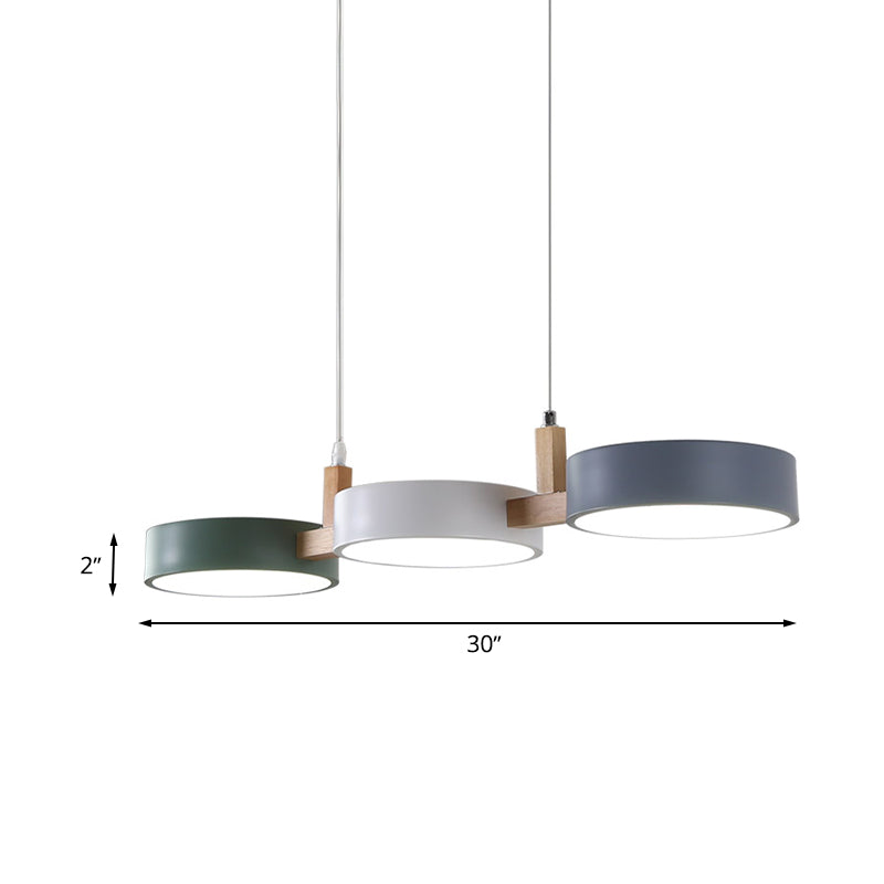 Metaal Cilinder Multi Licht Hanglamp Nordic 3 Hoofd Wit-Grijs-Groen Plafondlamp met Houten Arm