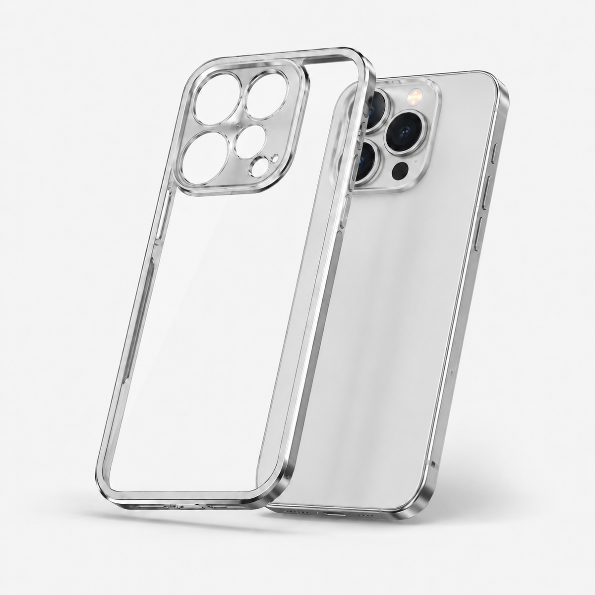 Metalen iPhone-hoes van aluminium met transparante achterkant en verhoogde camerabescherming op witte achtergrond
