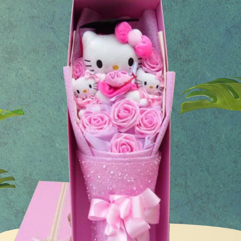 Kleurvolle Synthetische Bloemenboeket met Hello Kitty Figurines voor Cadeaus en Decoratie