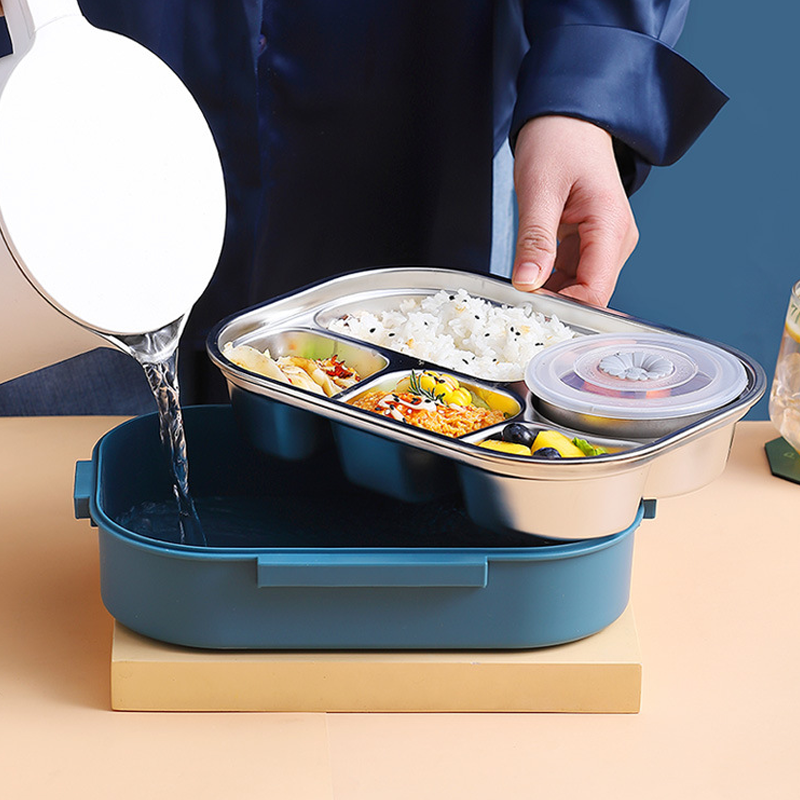Skanto | Lunchbox van roestvrij staal – Binnenkant van roestvrij staal – 3 of 4 vakken met soepkom – Wandklok