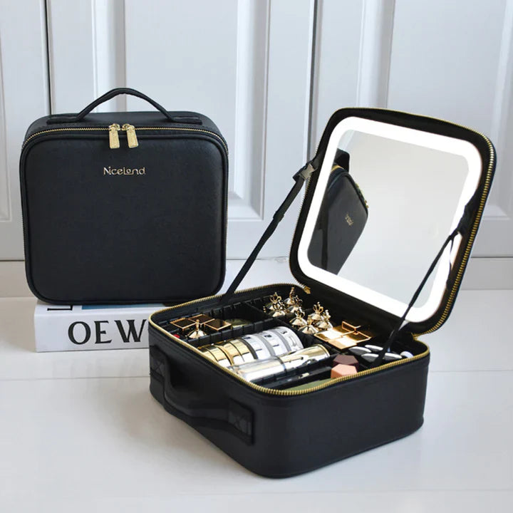 GlowLuxe LED beautycase | Draagbare beauty organizer met verstelbare LED spiegel voor vlekkeloze