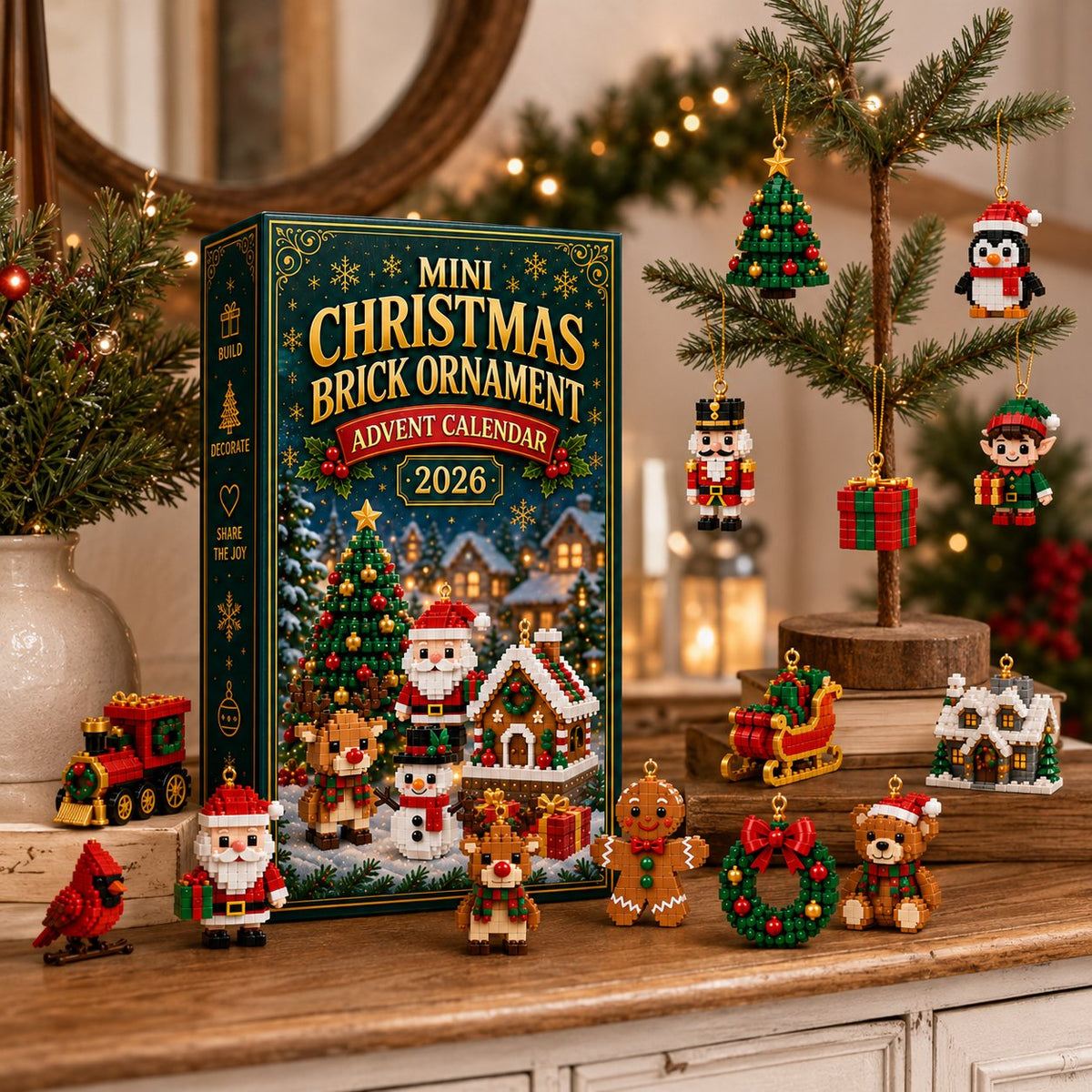 Mini tegelstenen adventskalender met 24 bouwsets voor kerst om te bouwen en op te hangen