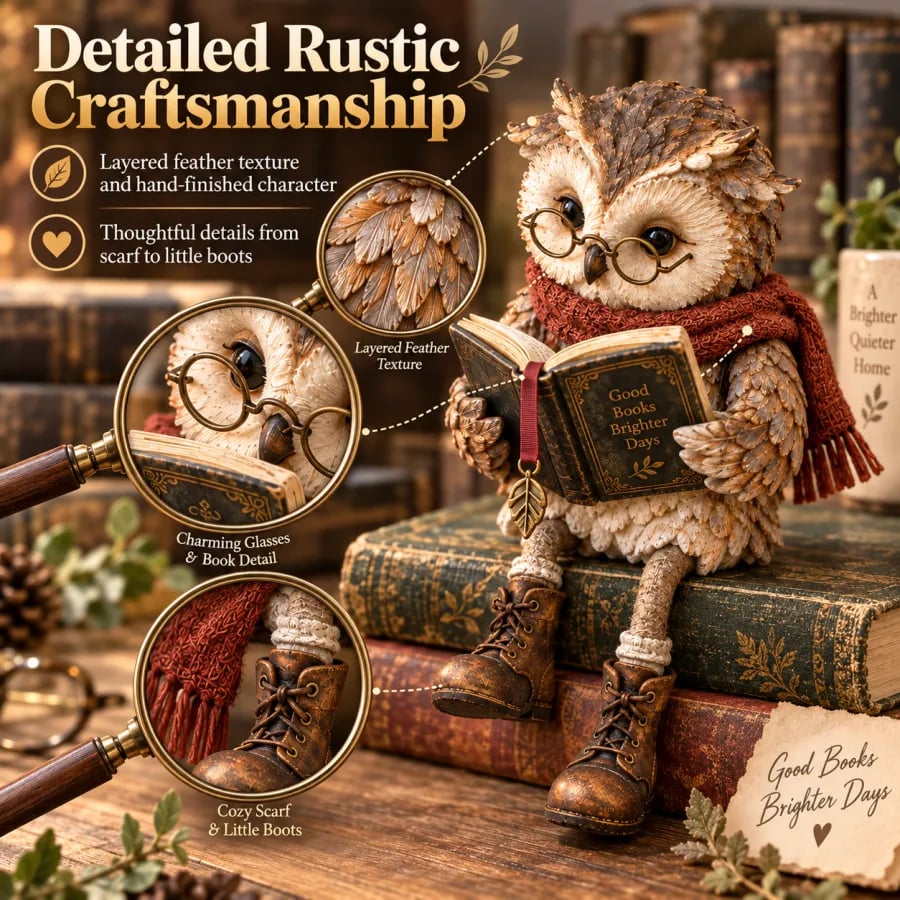 Decoratieve uilfiguur met bril, boek en sjaal. Gezellig cadeau voor boekenliefhebbers