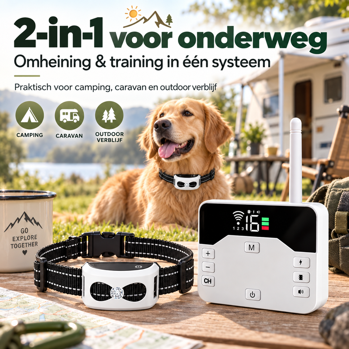 Draadloze Hondenomheining voor Camping & Caravan – 2-in-1 Trainingshalsband