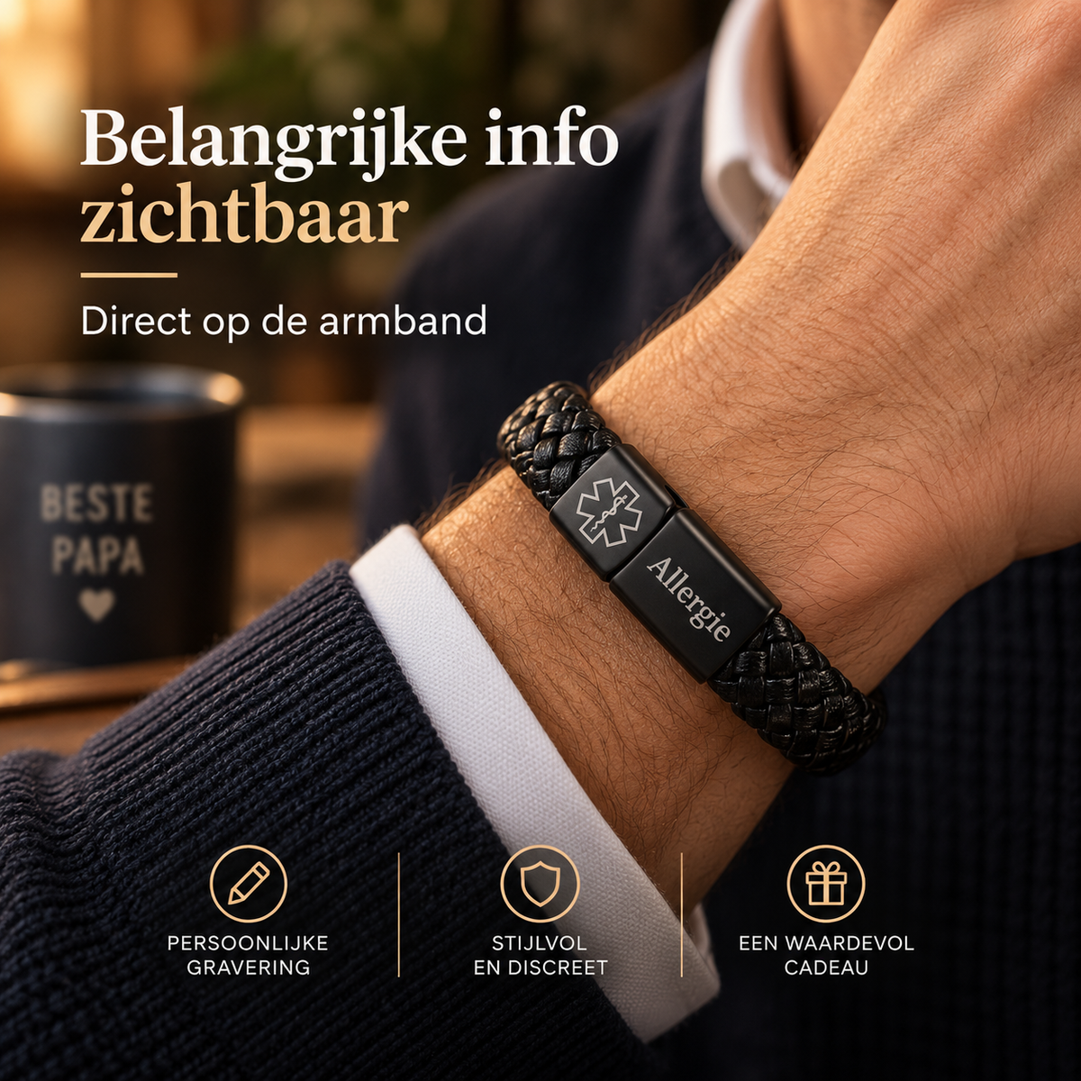 Custom AlertBand | Gepersonaliseerde Medische ID Armband – Cadeau voor Vader of Echtgenoot