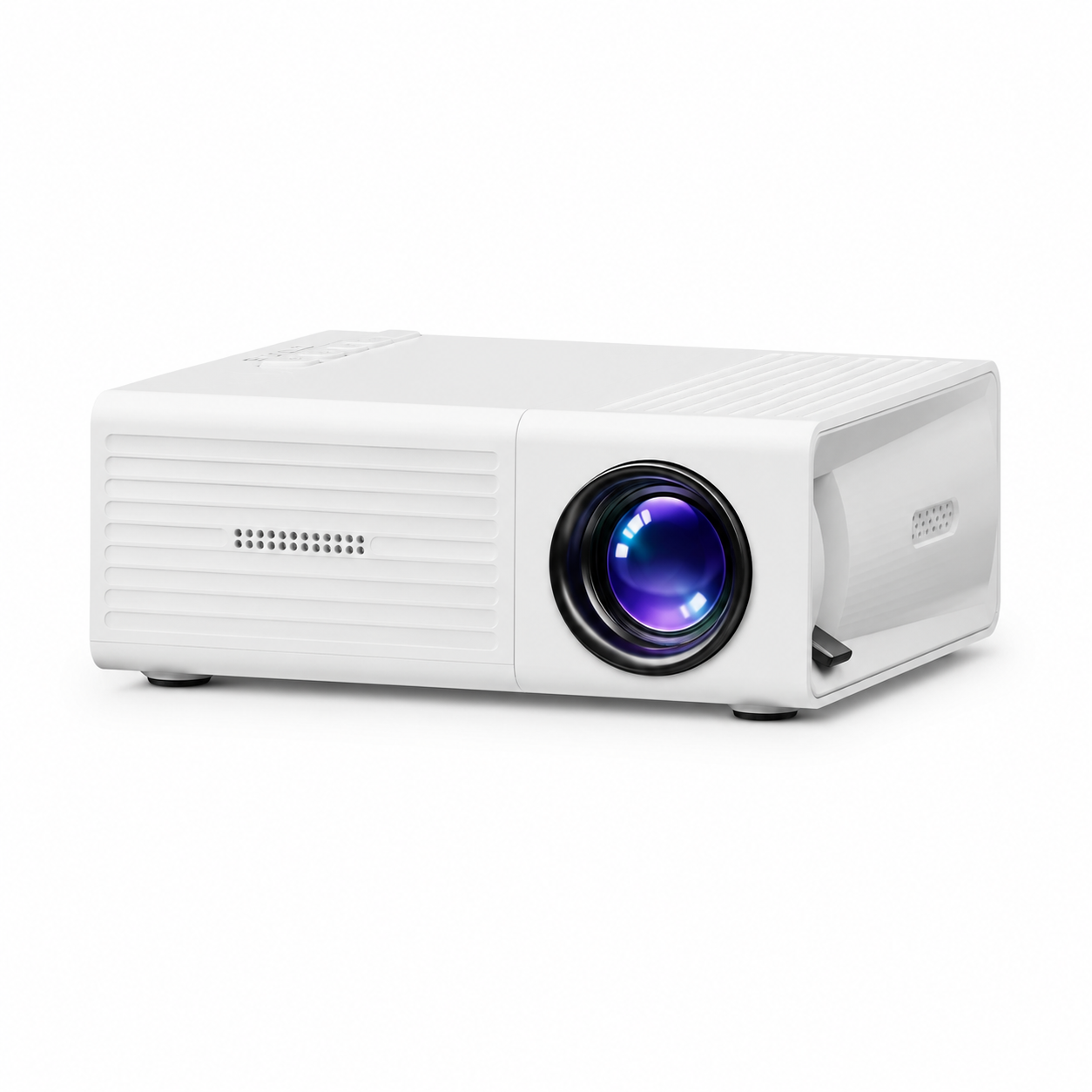 Draagbare witte mini projector met paarse lens op witte achtergrond