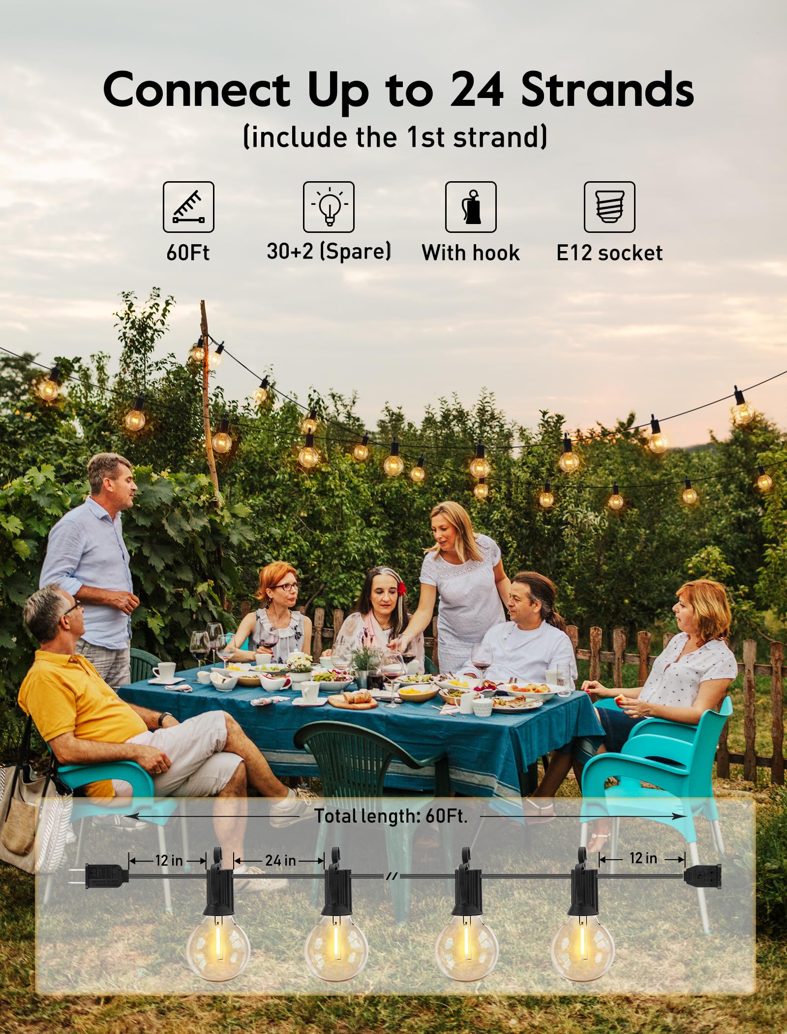 Skanto | Brightown 60Ft Buitenverlichting - G40 Globe LED Terrasverlichting met 32 Schokbestendige Lampen