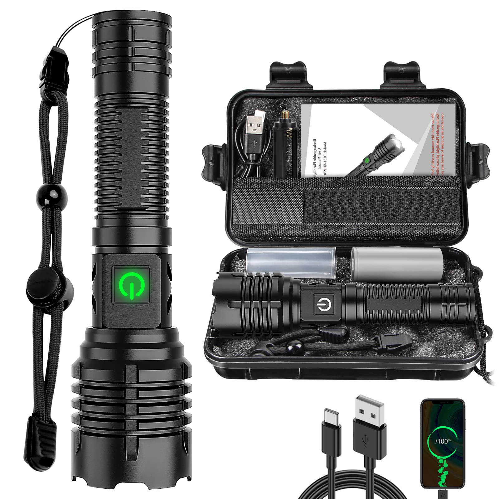 Skanto | Banral 100000 lumen oplaadbare zaklamp, IPX6 waterdicht, 5 modi, zoomfunctie, aluminium