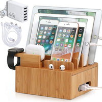 Tekavo ChargeDock Oplaadstation van Bamboe | 5-Poorts USB & Organizer | Voor Smartphone, Tablet & Smartwatch | Inclusief Kabelset