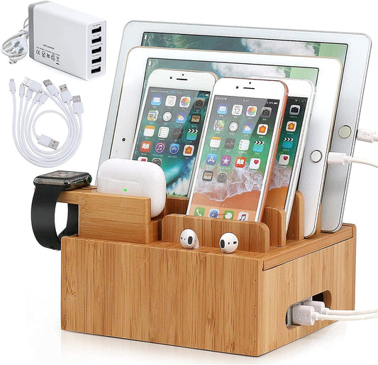 Tekavo ChargeDock Oplaadstation van Bamboe | 5-Poorts USB & Organizer | Voor Smartphone, Tablet & Smartwatch | Inclusief Kabelset