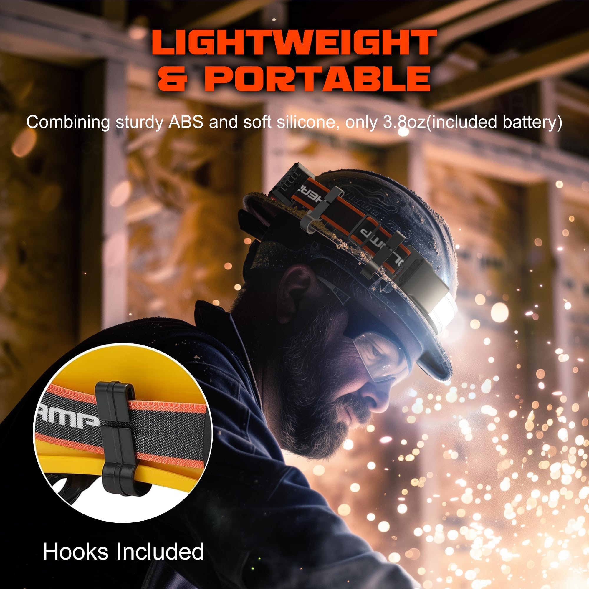 Hopedone Oplaadbare Hoofdlamp 1000 Lumens, 230° Groothoek, Waterdicht, 2-Pack, Oranje