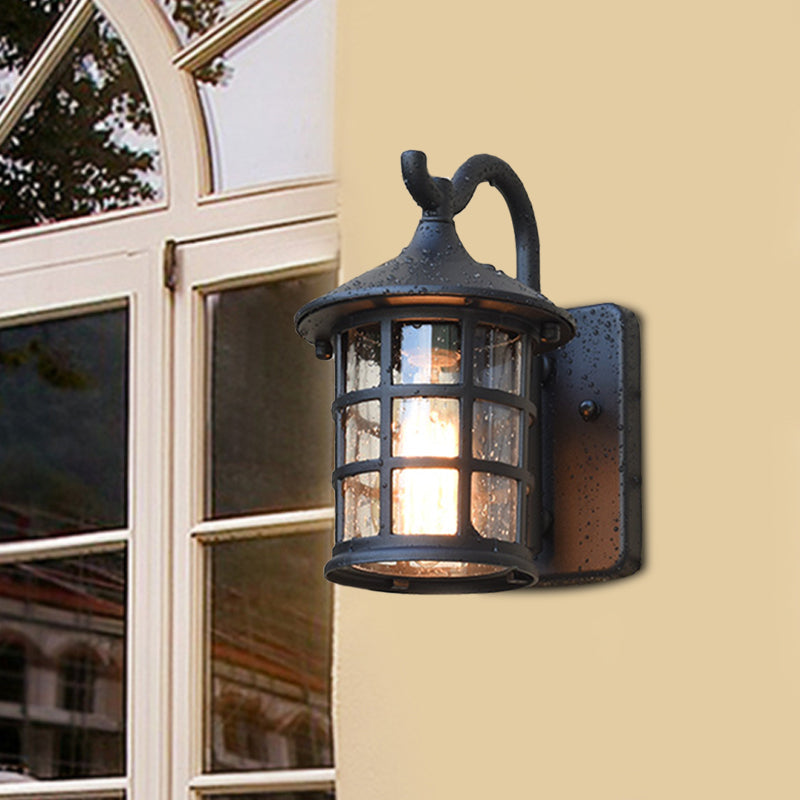Gezaaide Glazen Lantaarn Wandlamp Platteland Enkel Licht Buiten Wandlamp in Brons/Zwart