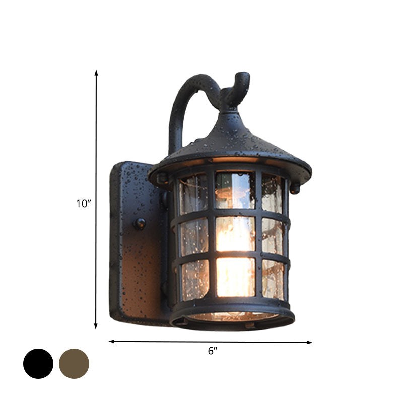Gezaaide Glazen Lantaarn Wandlamp Platteland Enkel Licht Buiten Wandlamp in Brons/Zwart