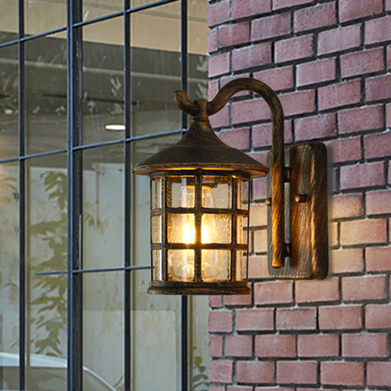 Gezaaide Glazen Lantaarn Wandlamp Platteland Enkel Licht Buiten Wandlamp in Brons/Zwart