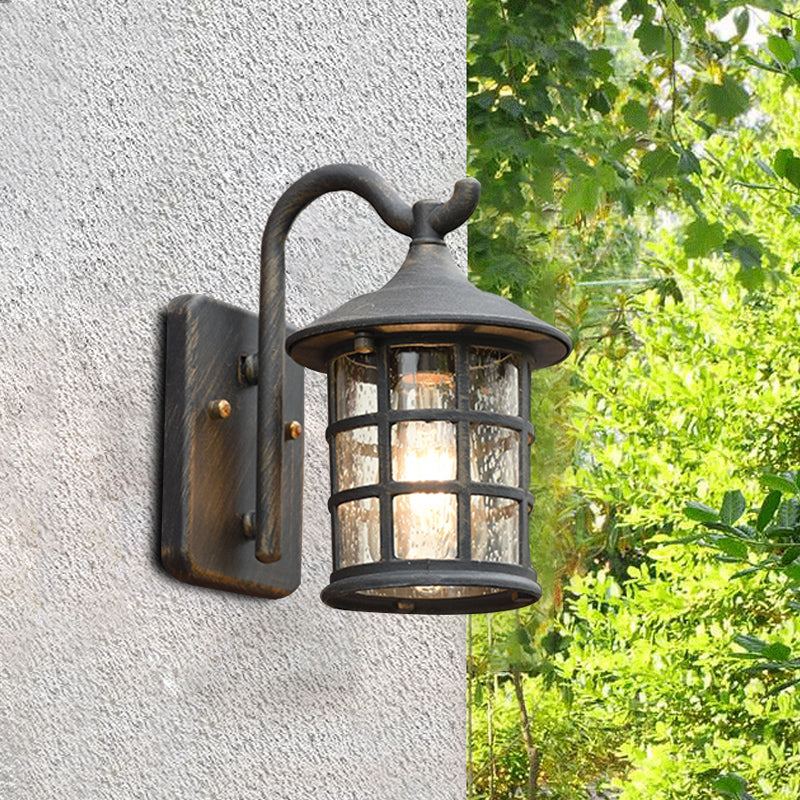 Gezaaide Glazen Lantaarn Wandlamp Platteland Enkel Licht Buiten Wandlamp in Brons/Zwart