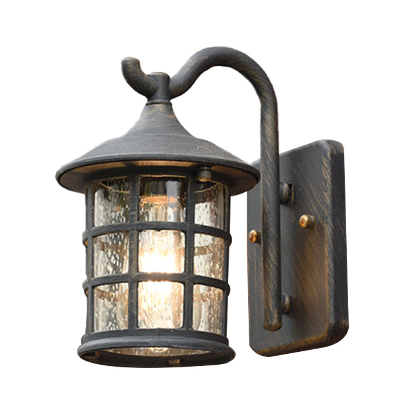 Gezaaide Glazen Lantaarn Wandlamp Platteland Enkel Licht Buiten Wandlamp in Brons/Zwart