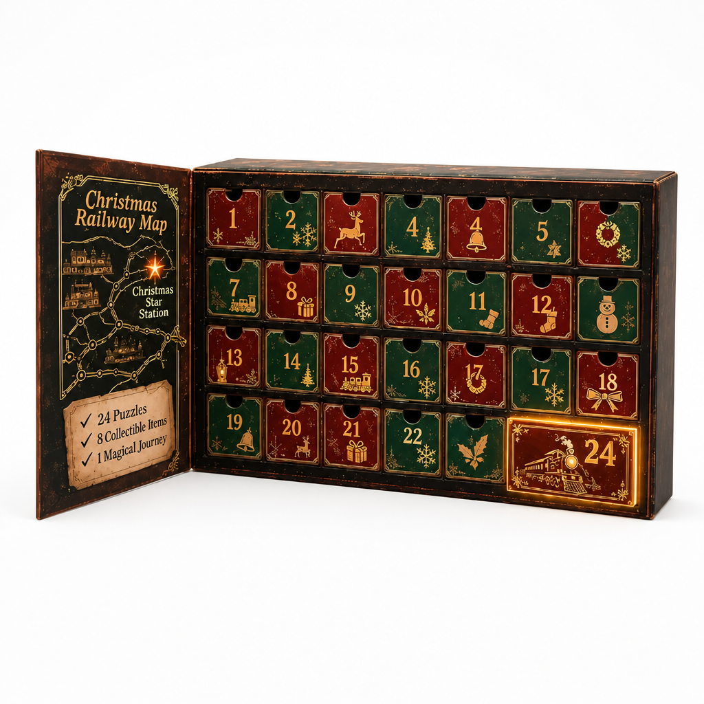24-dagen escape room puzzel adventskalender met 6 mysterie-thema's