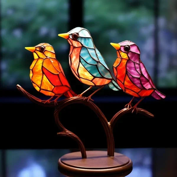 Moderne vogel tafel sculptuur met gekleurd glas en decoratief kunstontwerp