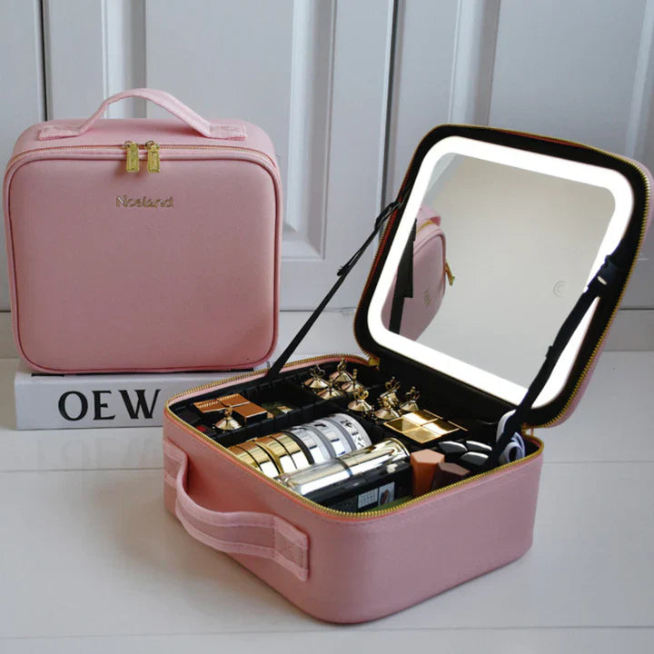 GlowLuxe LED beautycase | Draagbare beauty organizer met verstelbare LED spiegel voor vlekkeloze