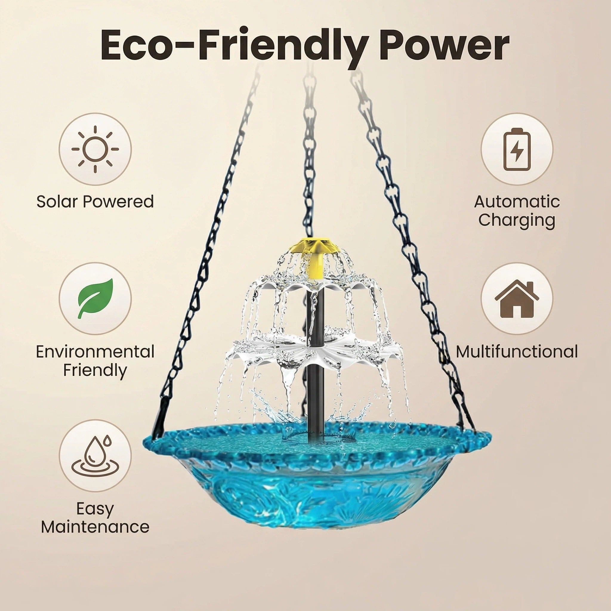 AquaBloom™ | Zonne-energie Hangfontein – Vogelbad met 2-niveaus Waterspel