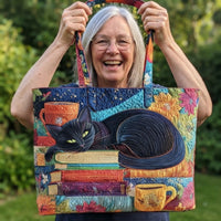 Zwarte kat met boeken en kopjes gewatteerde quilted tote bag