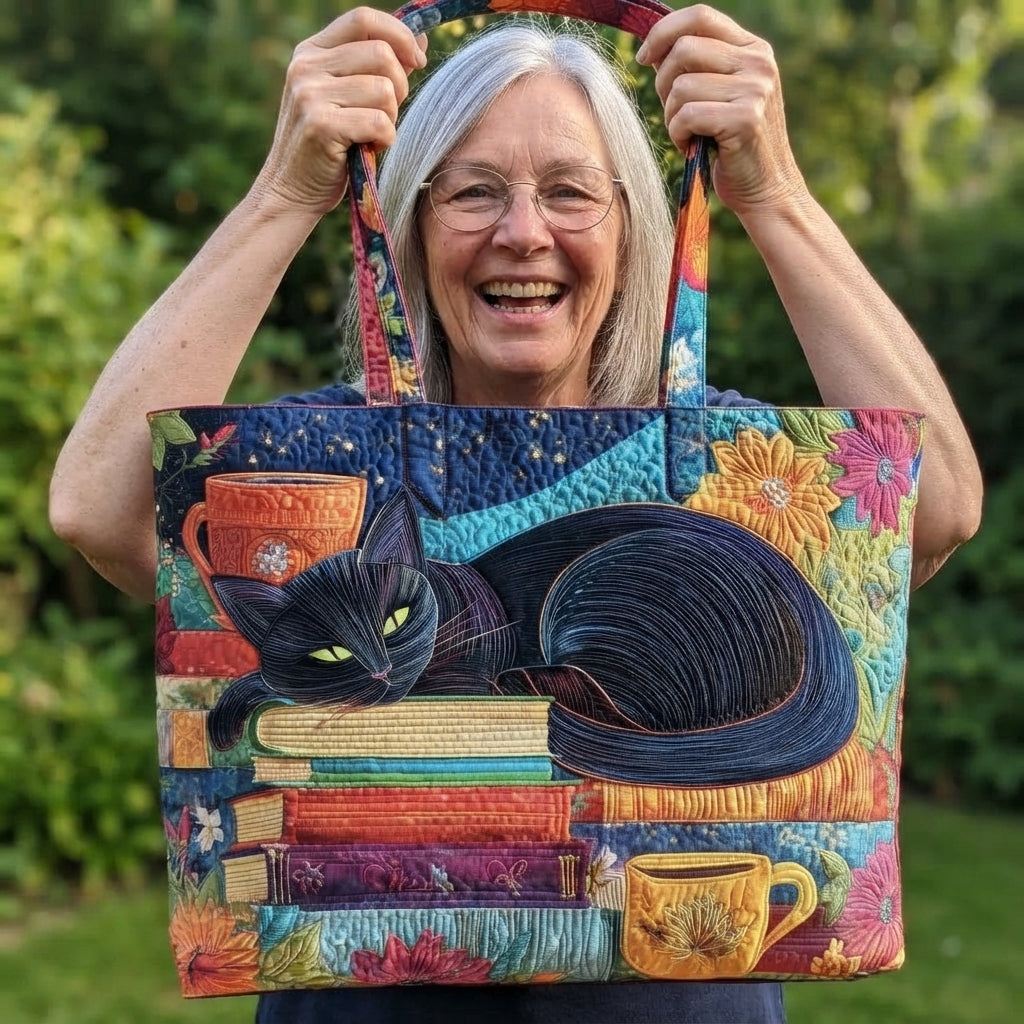 Zwarte kat met boeken en kopjes gewatteerde quilted tote bag